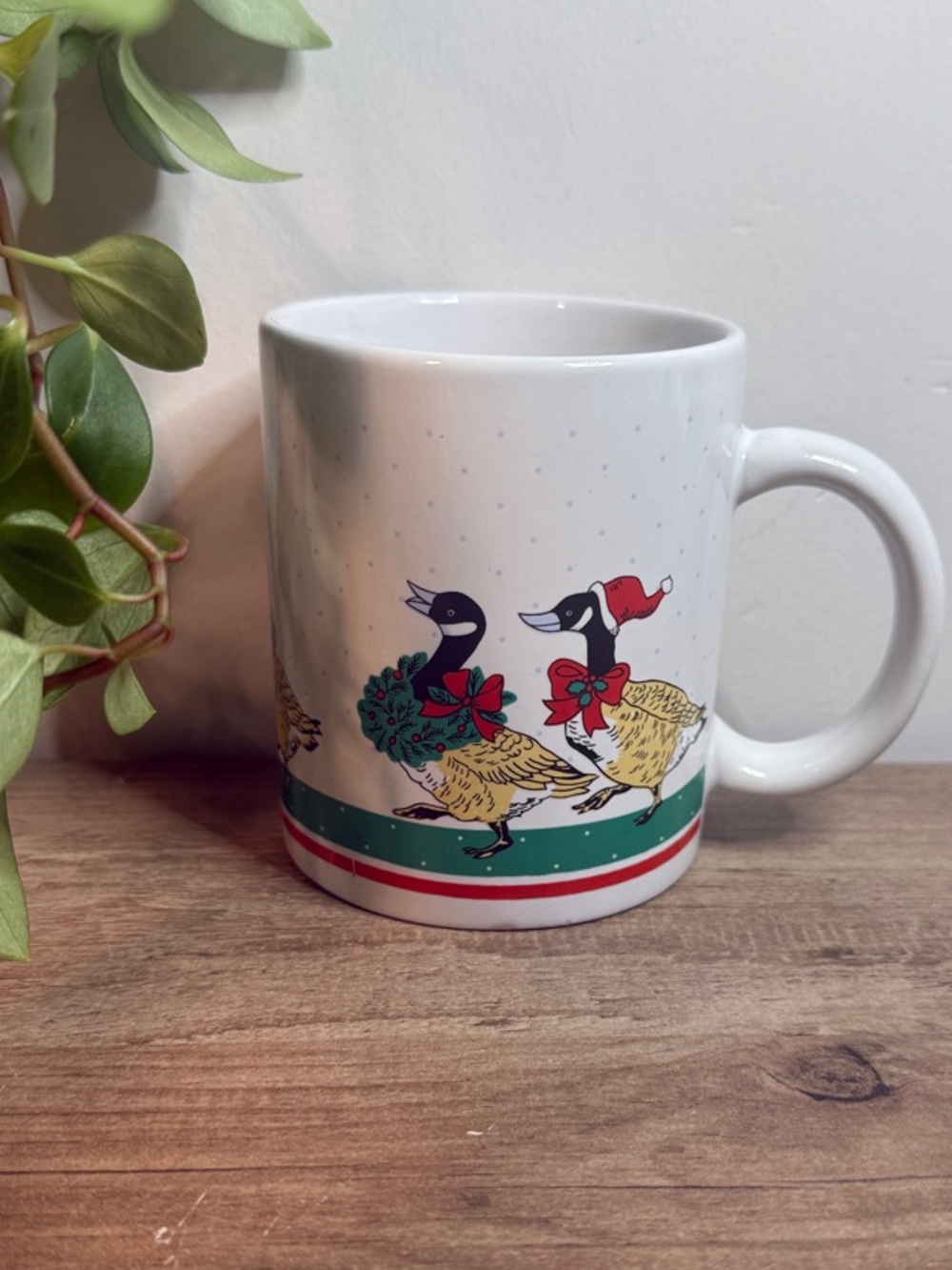 Vintage 1980’s Festive White Goose Parade Ceramic Coffee Mug - Holiday Design